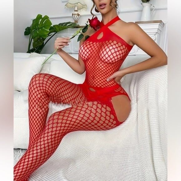 Red Sexy Hollow Out Halter Fishnet Bodysuit Lingerie - Picture 1 of 5